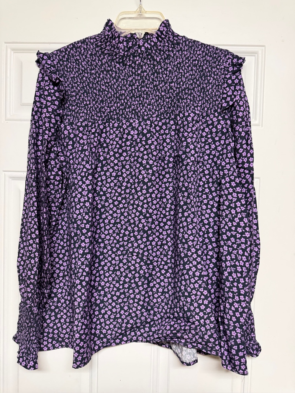 Barbour Midhurst Purple Floral Smocked High-Neck Women's Top